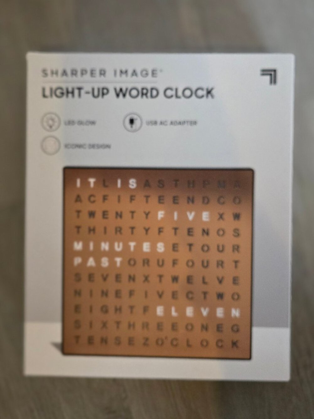 NIB - Sharper Image Word Clock - USB AC Adapter - LED Display
